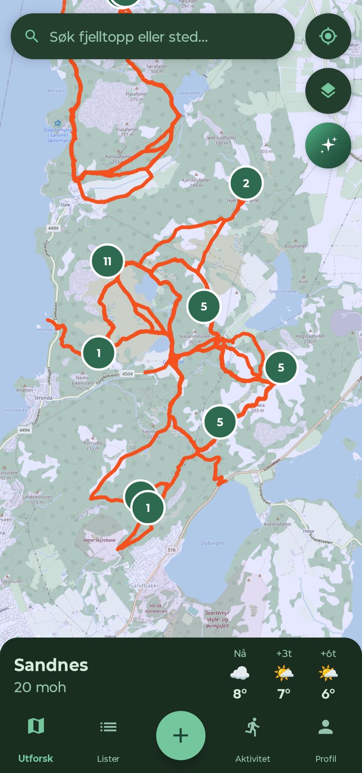 Kart med kartlaget Mine turer som viser rutene som oransje linjer